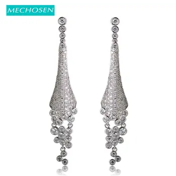 

MECHOSEN Micro Paved Setting Zirconia Long Earrings For Women Silver Color Full Crystals Pendientes Wedding Party Bijouteries