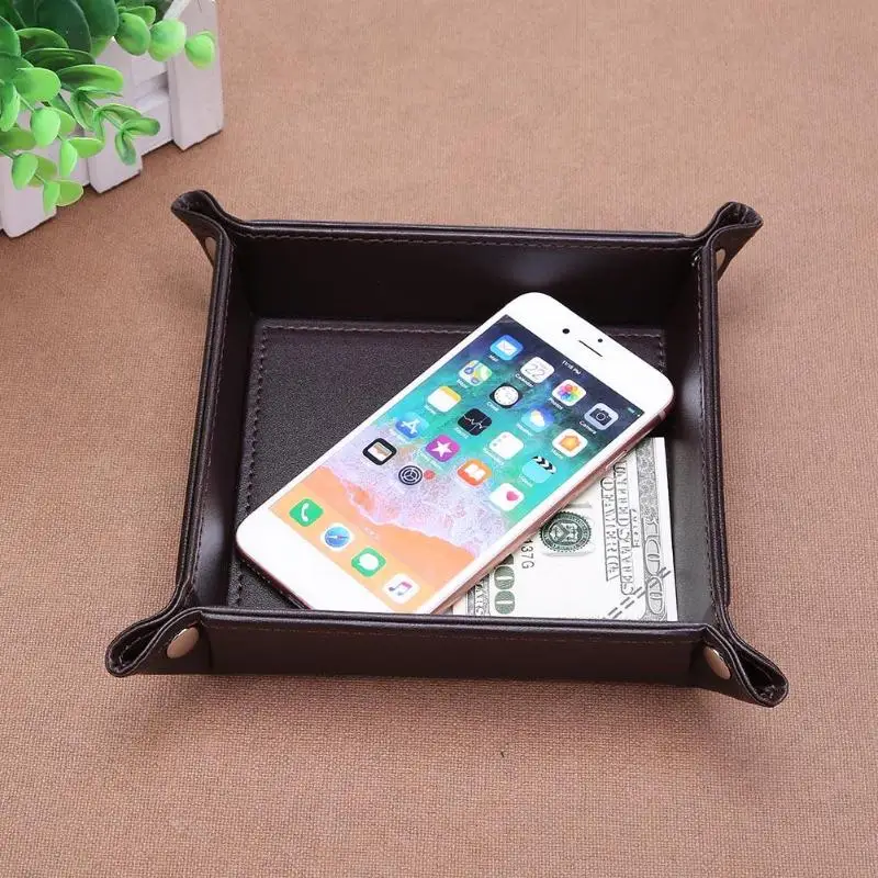 

Square PU Leather Keys Coins Storage Box Holder Sundries Remote Control Table Desktop Organizer Home Office Storage Table Tray