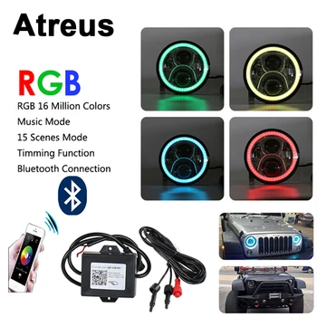 

Atreus 1Pair 7" LED Car RGB Headlight DRL Lights 12V High/Low Angel Eye with Bluetooth APP Control For 1997-2014 Jeep Wrangler