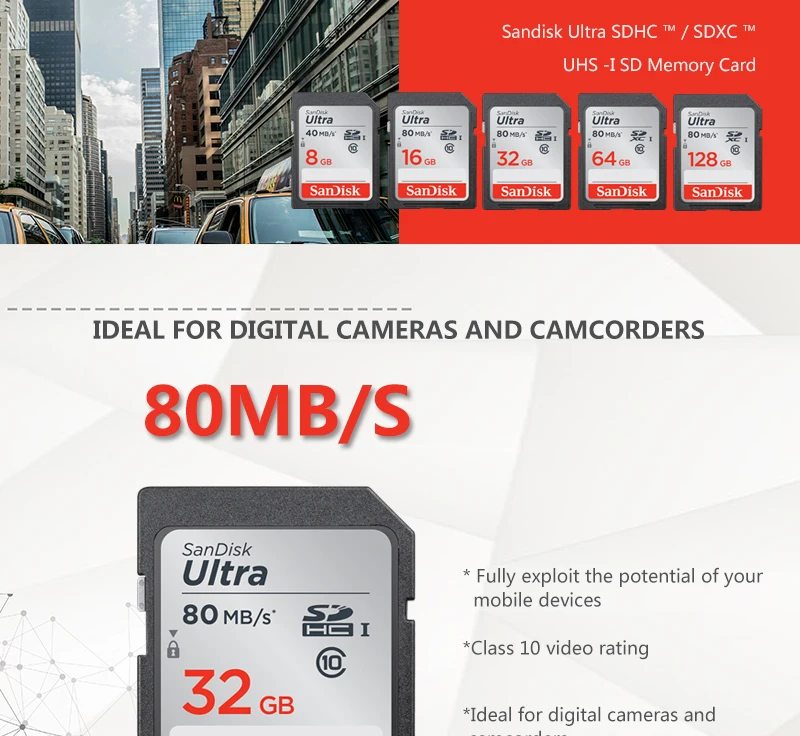 SanDisk SD карта Ultra Max 80 МБ/с./с скорость чтения 64 Гб 128 ГБ 16 ГБ 32 ГБ класс 10 карты памяти UHS-I SDHC/SDXC Для видео камеры