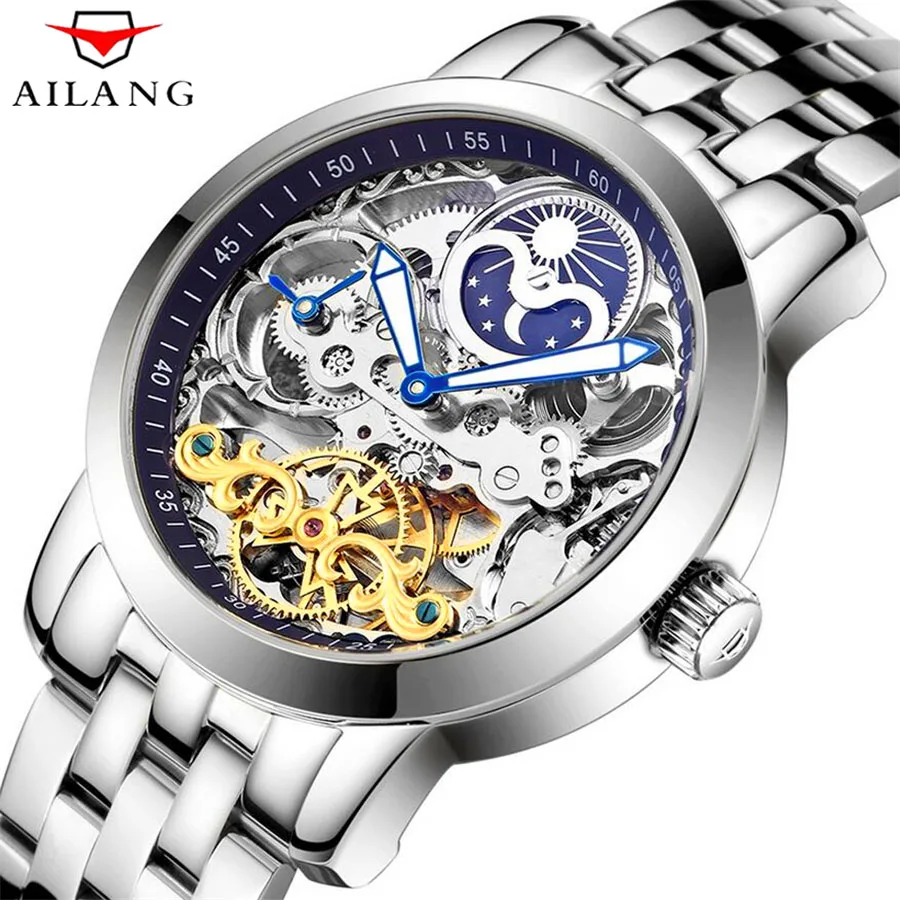 AILANG Skeleton Tourbillon модные повседневные дизайнерские механические мужские часы Топ бренд класса люкс автоматические часы мужские часы - Цвет: Black Silver