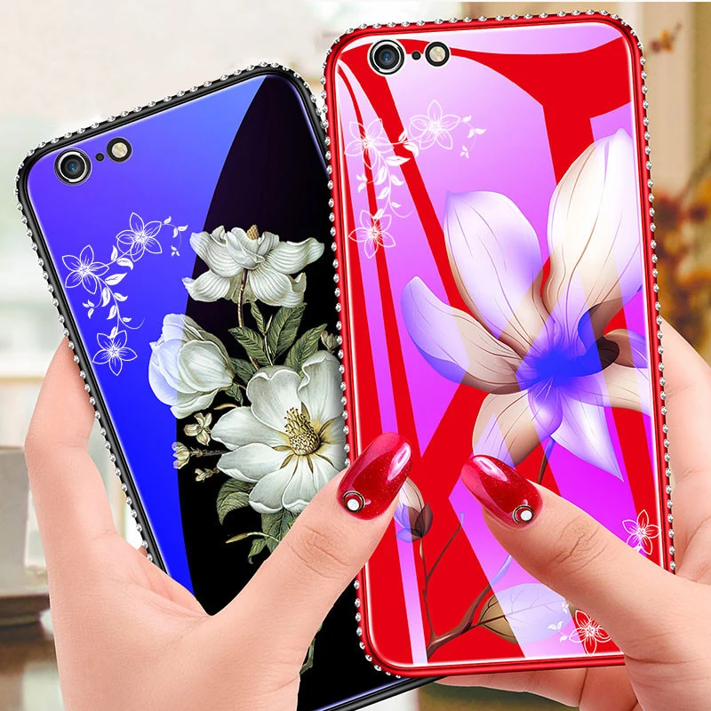 

Dower Me Soft Diamond Bumper Beautiful Jasmine Flower Hard Back Tempered Glass Case Cover For iPhone XS Max XR X 8 7 6 6S Plus