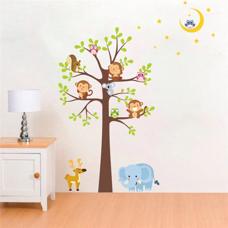 

Lovely Monkey Owlets Animal Big Tree Wall Sticker For Kids Room Kindergarten Home Decoration Cartoon Safari Mural Art Pvc Decals