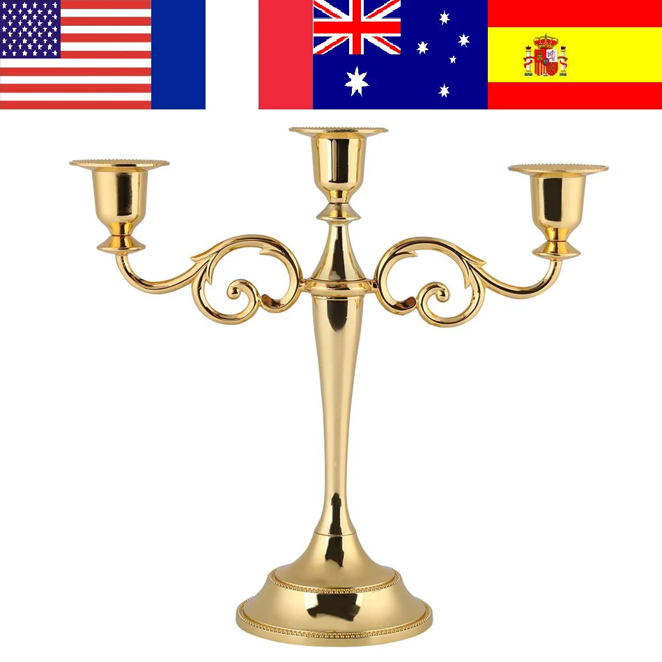 Romantic 3 Arms Gold Candle Holders Wedding Candelabra Centerpieces