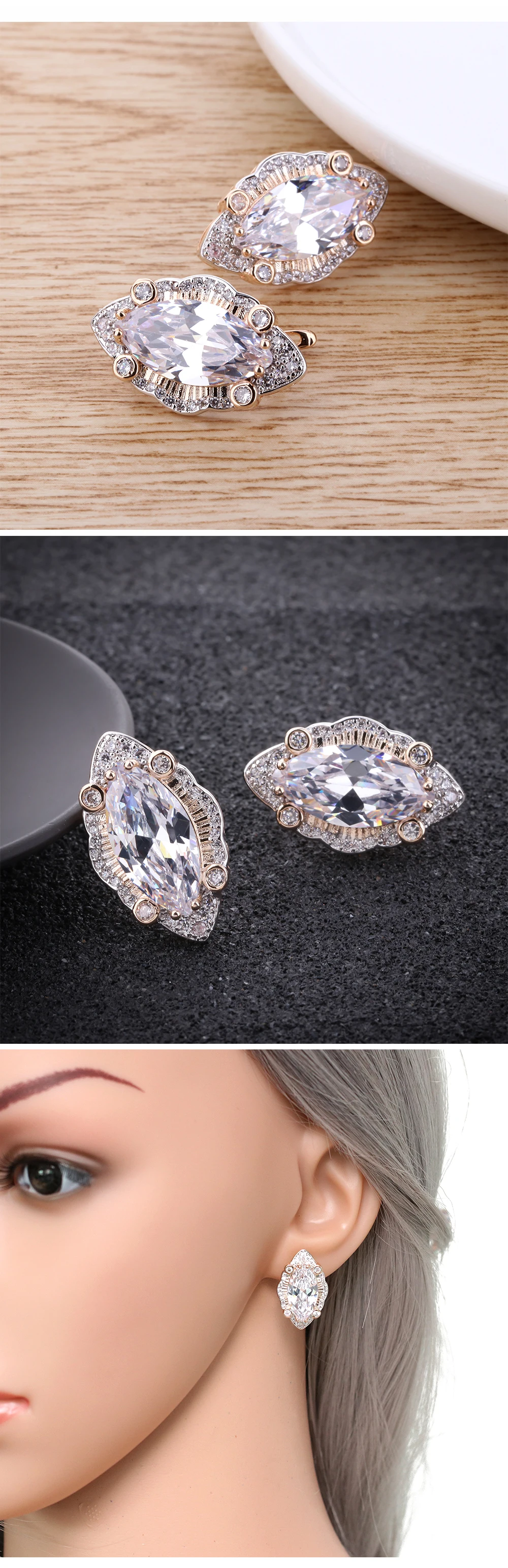 HanCheng New Fashion Luxury Leaf Copper Golden Zircon CZ Gem Stone Plated Silver Stud Earrings For Women Jewelry brincos bijoux