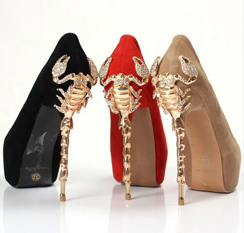 Red Black Beige Sexy Open Toe High Heels Suede Pumps Gold Scorpion