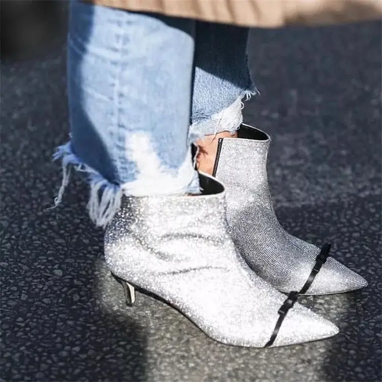 

New 2018 Ins Hot Shoes Woman Spring Ankle Boots Pointed Toe Med Heels Bling Crystal Booties Designer Woman Leather Short Boots