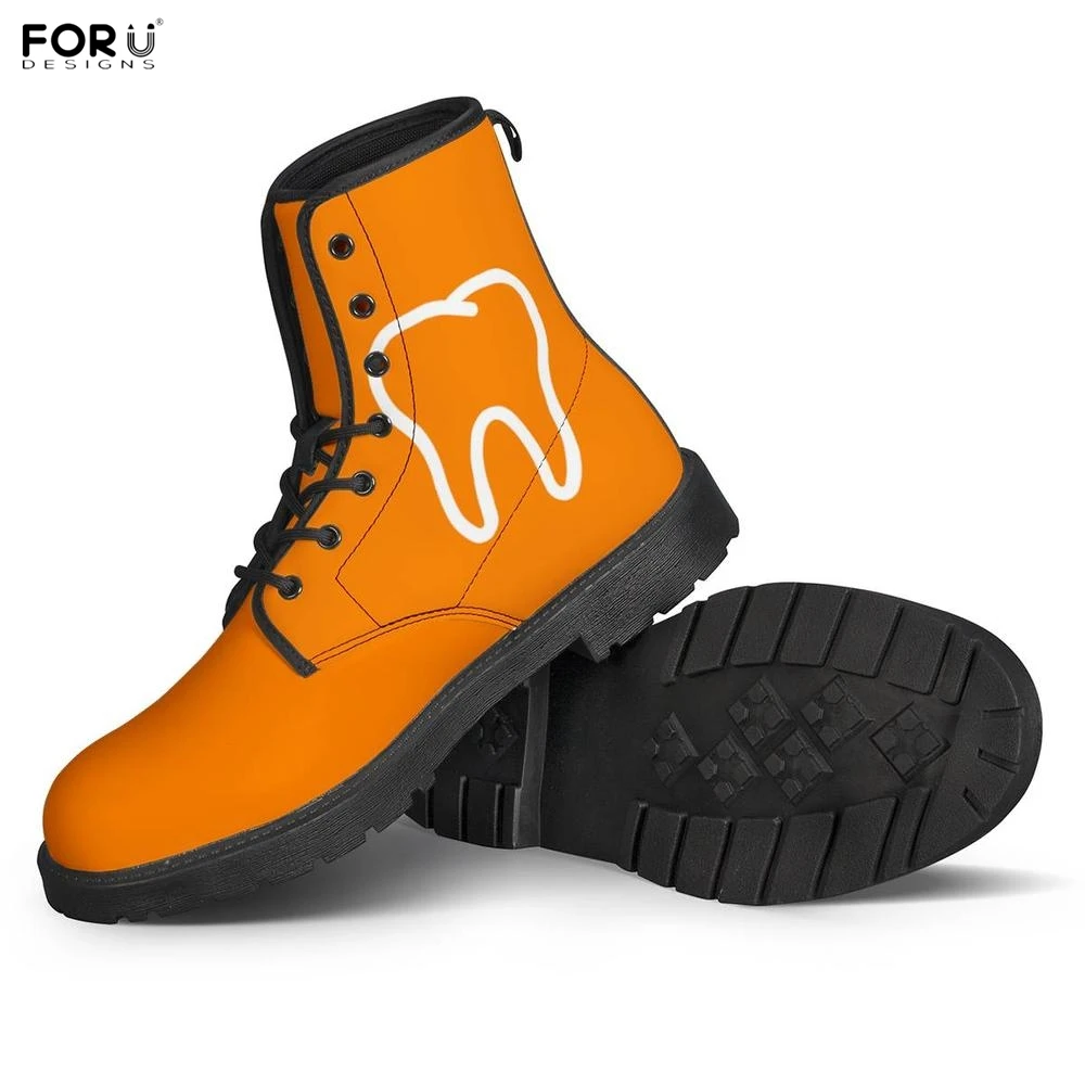

FORUDESIGNS Cute Dentist/Tooth/Dental Printing Woman Autumn Orange Boots Brand Design Female Round Toe Shoes Pu Leather Boots