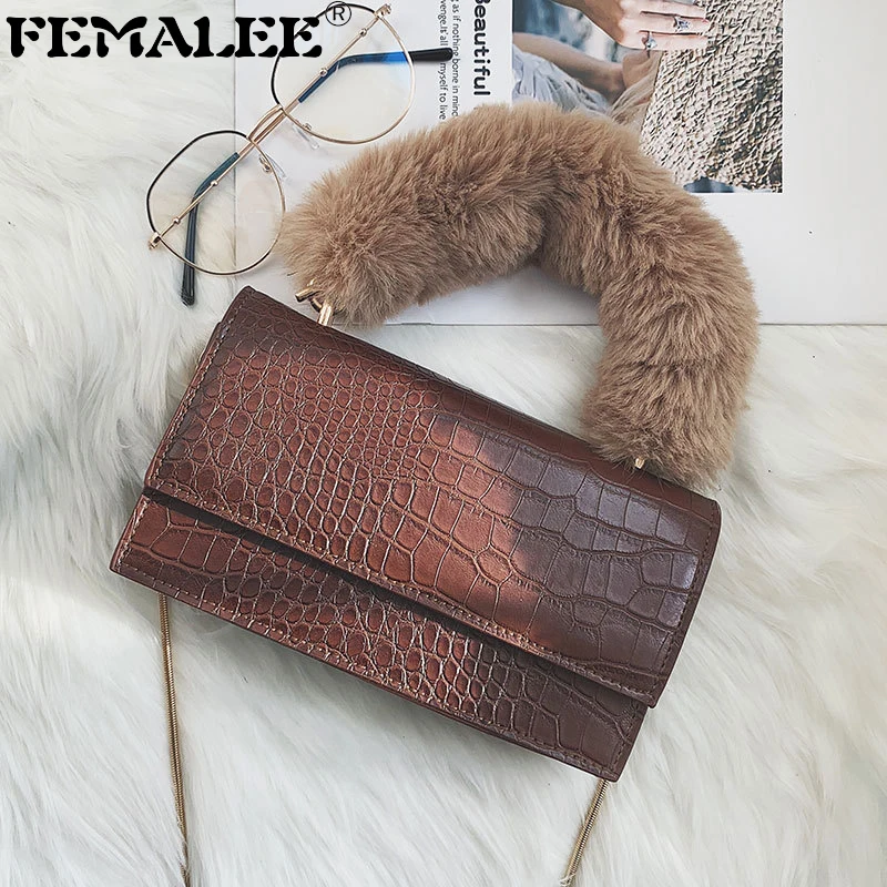 

FEMALEE Alligator bag Woman Shoulder Bags Famous Brand Luxury Handbags Women Designer Faux Fur Handle Totes Crocodile pattern