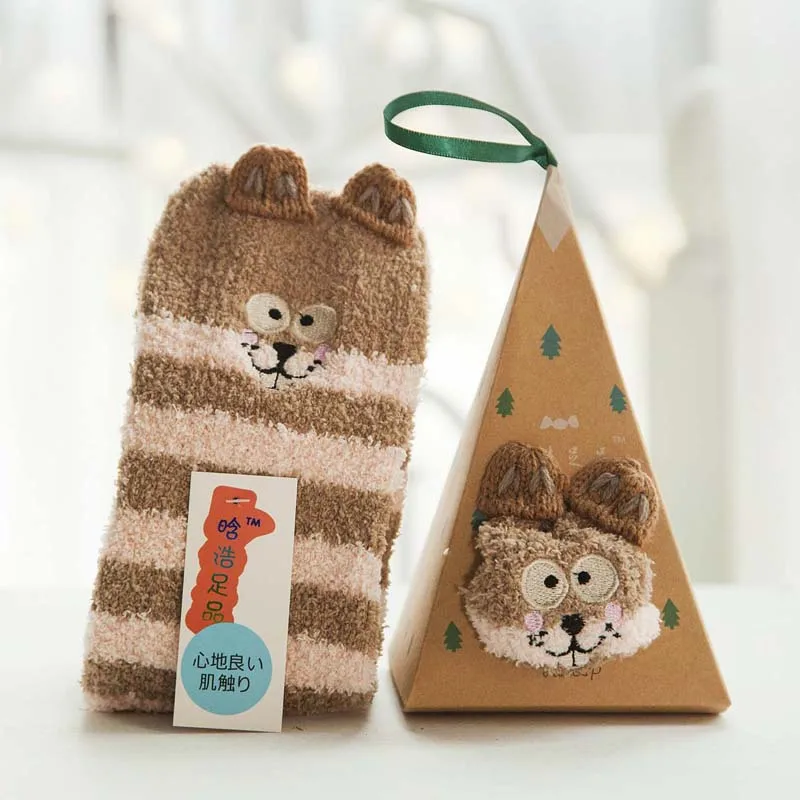 Рождественские носки для женщин, зимний подарок, 3D дизайн, пушистый бархат кораллового цвета, толстый, полотенце, пол/носок для сна, высокая Подарочная коробка, 5 пар - Цвет: mouse