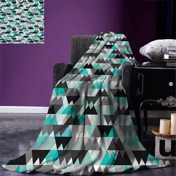 

Grey and Turquoise Throw Blanket Futuristic Geometric Mosaic Design with Triangles and Zig Zags Warm Microfiber
