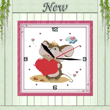 

Little mouse love heart clock decor painting counted print on canvas DMC 14CT 11CT Cross Stitch Needlework Sets Embroidery kits