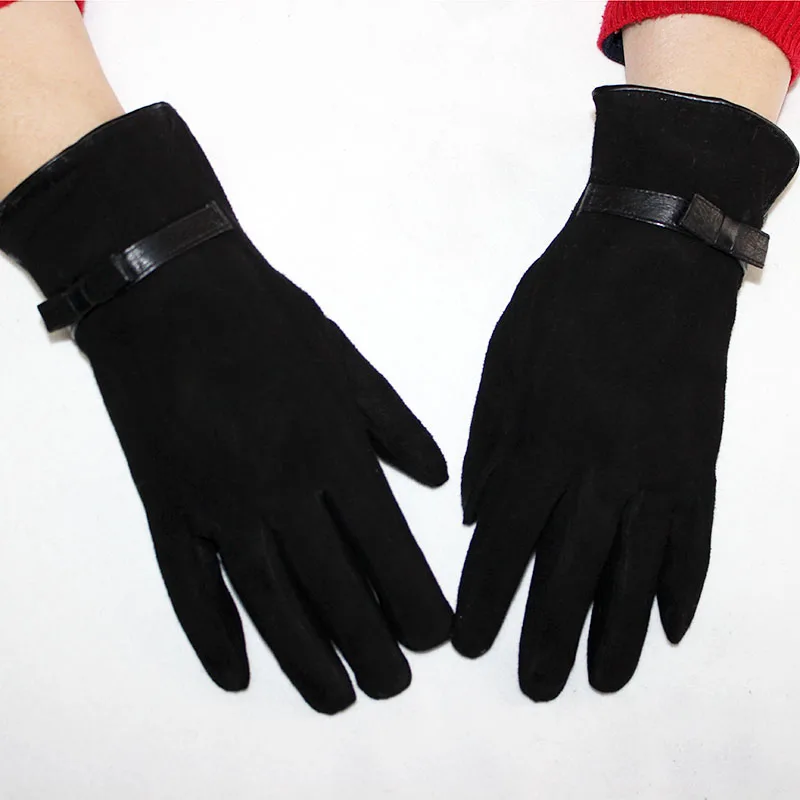 

Sheepskin suede gloves women's winter thick warm parrot rabbit fur lining girls black Bow style leather finger gloves
