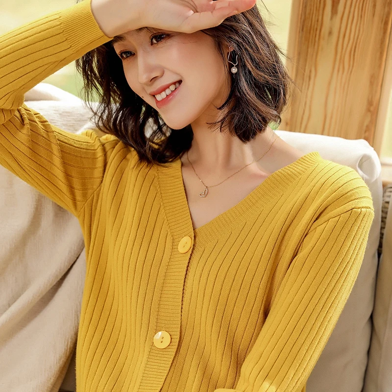 2020 Sexy V Neck Women Cardigan Sweater Ribbed Knitted Tops Ruffled Cute Girls Coat Spring Autumn Jacket Sweaters |