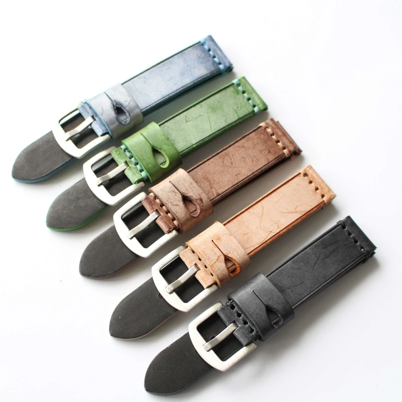 

British Ma Leather Watchbands, 20MM 22MM Retro Wax Calfskin Strap For Sports-Style Watch Band, Blue Black GenuineLeather Strap