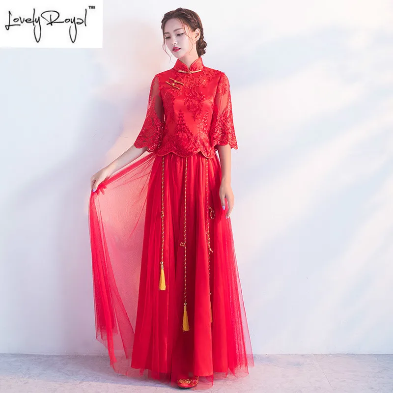 

2018 New Slim Lace Cheongsam Hollow Embroidered Dragon Phoenix Chiffon Dress Cascade Tassel Show Wo Clothing Bride Dress Woman,