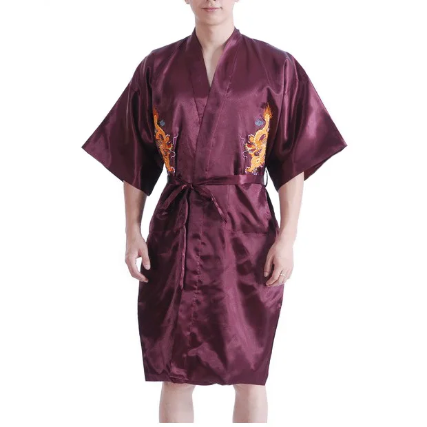 Бордовый Китайский традиционный Мужской Шелковый Атласный халат Вышивка кимоно с драконом банное платье Ночная одежда Размер S M L XL XXL XXXL MP003