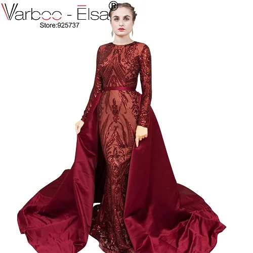 VARBOO_ELSA длинное вечернее платье Съемная юбка зеленое вечернее платье с длинными рукавами с блестками аппликация арабское вечернее платье - Цвет: long sleeves red