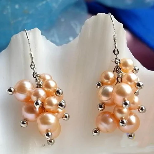Handmade Pearl Earrings,6mm 10mm Pink Color Near Round Freshwater Pearl Grape Earring 925 Silver