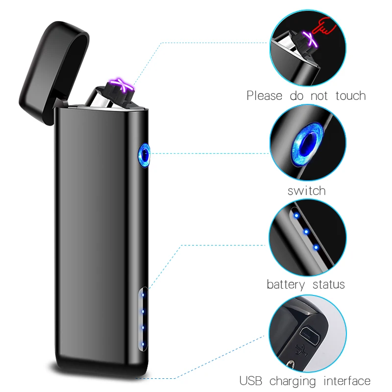 Зажигалка для сигарет электрическая дуга ветрозащитная перезаряжаемая беспламенная без газа металлическая импульсная мощность дисплей USB зажигалки с коробкой