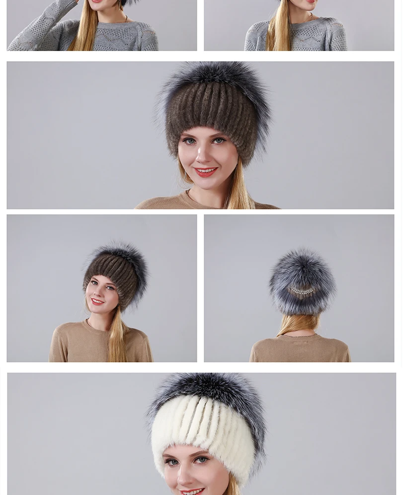 Новая модная шапка, Теплая Зимняя кепка для женщин, шапка из натурального меха норки и меха серебристой лисы, дизайн, шапка с цепочкой сзади