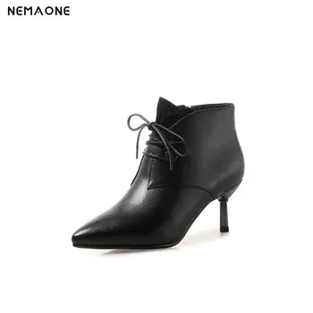 

NEMAONE Women 5cm high heels ankle work Boots autumn Winter office Ladies boots black brown lace up women shoes large size 43