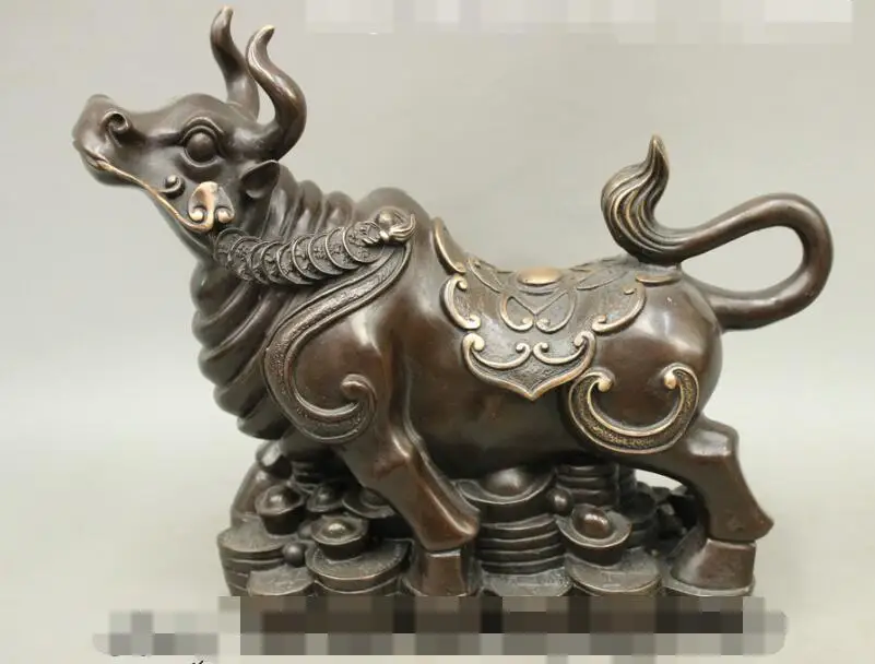 

S7050 10" Folk Chinese Bronze Lucky Wealth YuanBao Year Zodiac Stocks OX Bull Statue D0318
