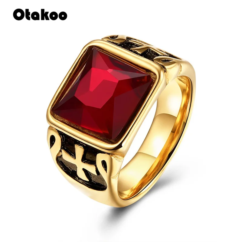 Otakoo ретро готические крутые мужские перекрестные кольца с красным камнем кольцо