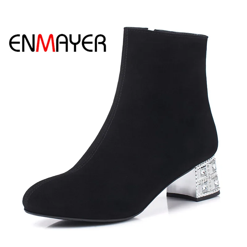 

ENMAYER Winter Wram Women Boots Square Heel Zippers Ankle Boots Med Heel Suede Materials Black Color Large Size Shoes for Women