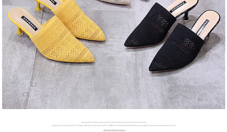 Summer Pointed Toe Women Sandals High Heels Yellow Fashion Slip On Mules Hollow Fabric Slides Thin Heels Slipper Sandalias Mujer