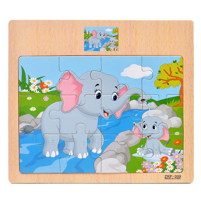 Elephant 12 штук, пазлы для раннего образования, деревянные игрушки для детей, Мультяшные животные, дорожные познавательные головоломки, интеллектуальные игрушки - Цвет: Elephant