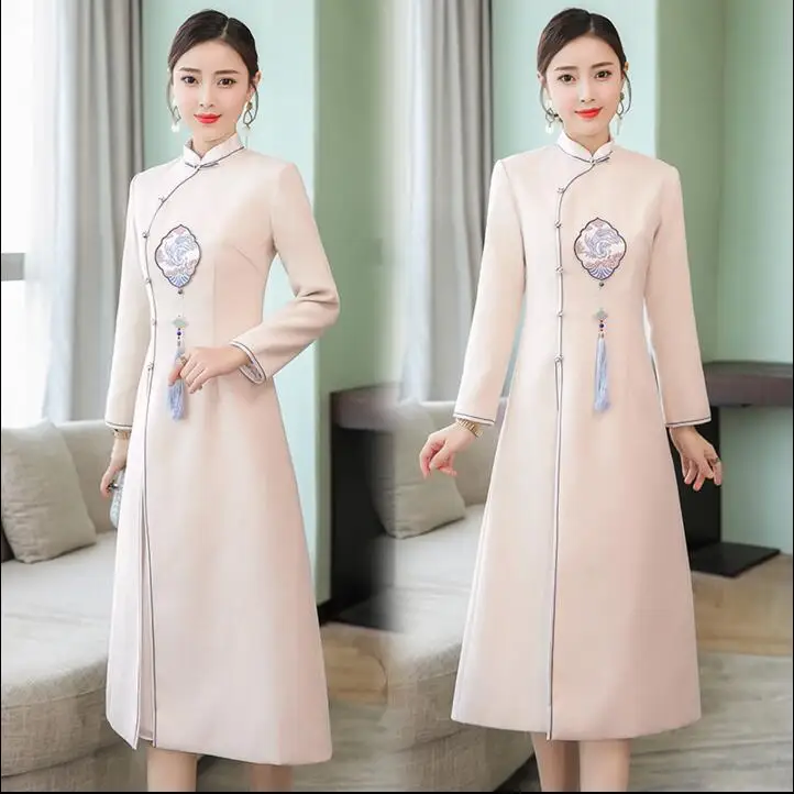 Зимнее женское Шерстяное китайское платье Ципао Ao dai - Цвет: 1