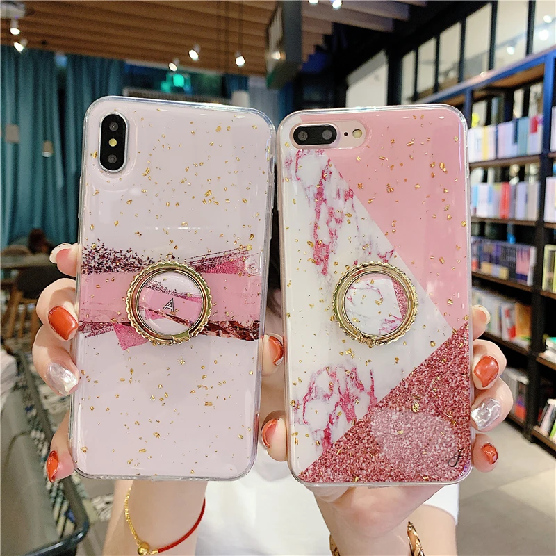 

Fashion Gold Foil Marble Glitter Phone Case for Funda iPhone 8 Plus with Ring Holder Silicon Cover for iPhone 6 7 8 X XR XS Max