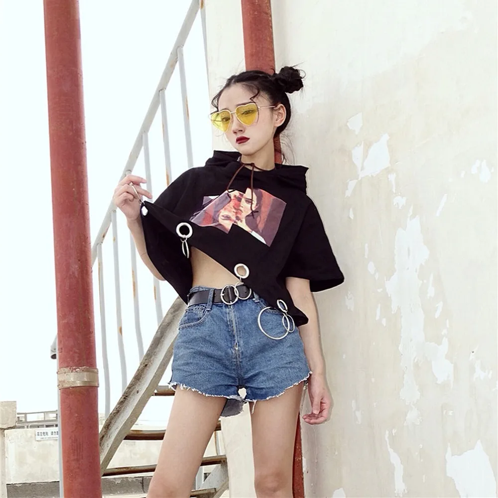 Lychee Girls Harajuku Ring выдалбливают характер печати с капюшоном Футболка короткий рукав