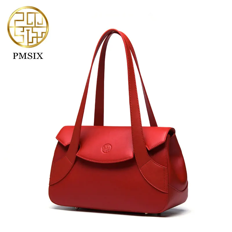 Pmsix 2017 Women Cowhide Shoulder Bag Small Red Handbags Cow split