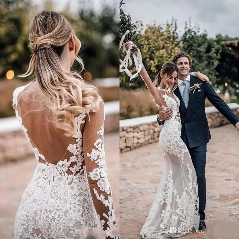 

Custom Made Bohemian Wedding Dress Jewel Neck Illusion Long Sleeve Lace Applique Beach Bridal Gowns Sweep Length