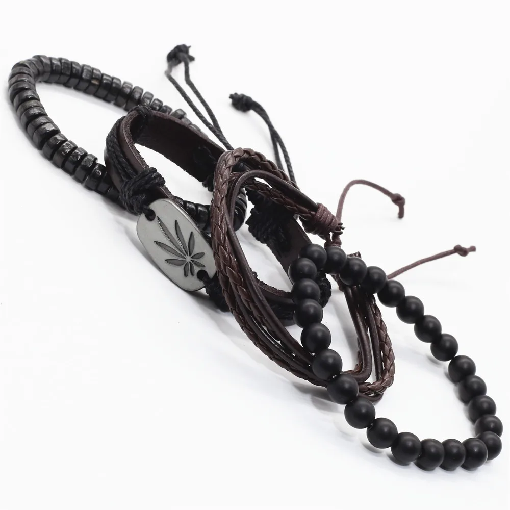 4pcs/set Leaf Feather Words Charm Black Brown Leather Beads Women Bracelets Men Male Femme Jewelry