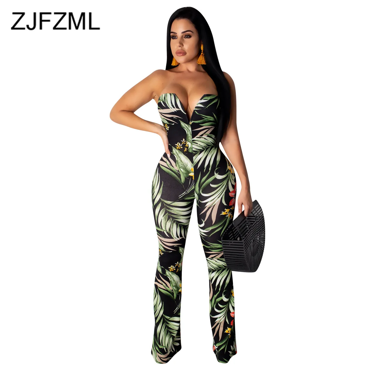 

Floral Leaf Print Sexy Bodycon Jumpsuit Women Off Shoulder Backless One Piece Overall Summer V Neck Sleeveless Beach Club Romper