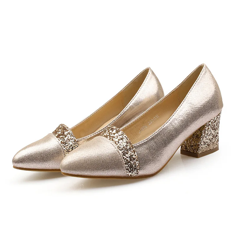 

New Style 2018 Thick Heel Gold Women's Single Shoes Leisure Sequins With Wedding Shoes With Large Size Shoes