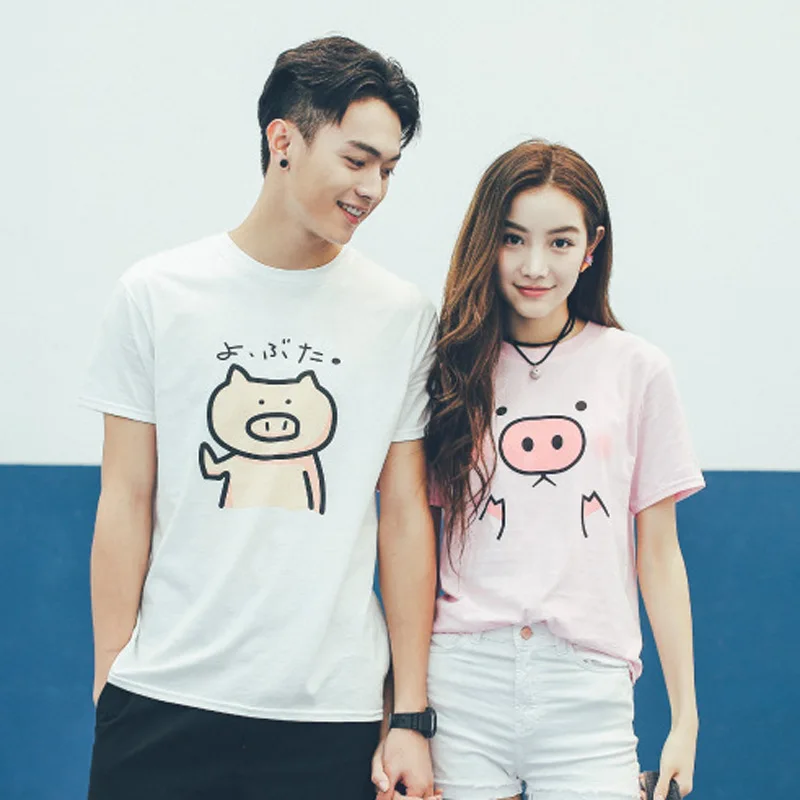 

Fashion large size lovers with pigs men and women short-sleeved T-shirt Lycra cotton round neck couples loose T-shirt