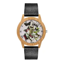 Простой деревянный картон для женщин повседневные часы с принтом бабочки наручные часы в подарок модный бренд Римский циферблат ретро