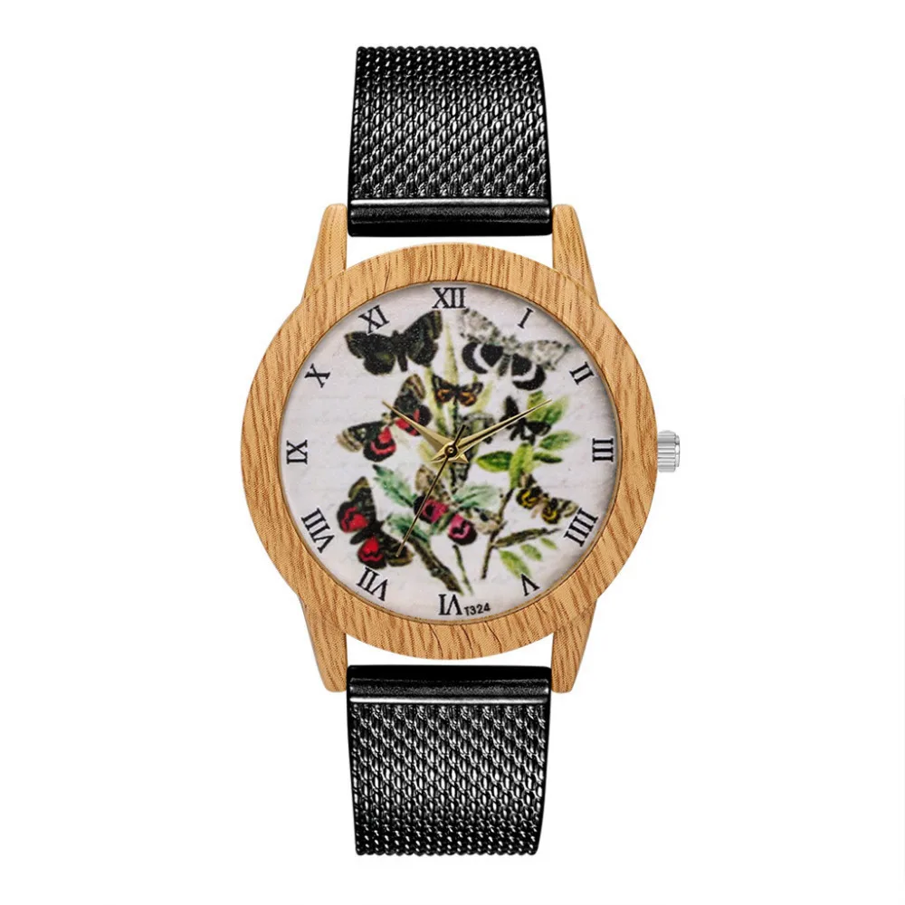 

Simple Wood Grain Case Women Quartz Watches Butterfly Print Watch Gift Clock Fashion Brand Roman Dial Retro Ladies Watches #W