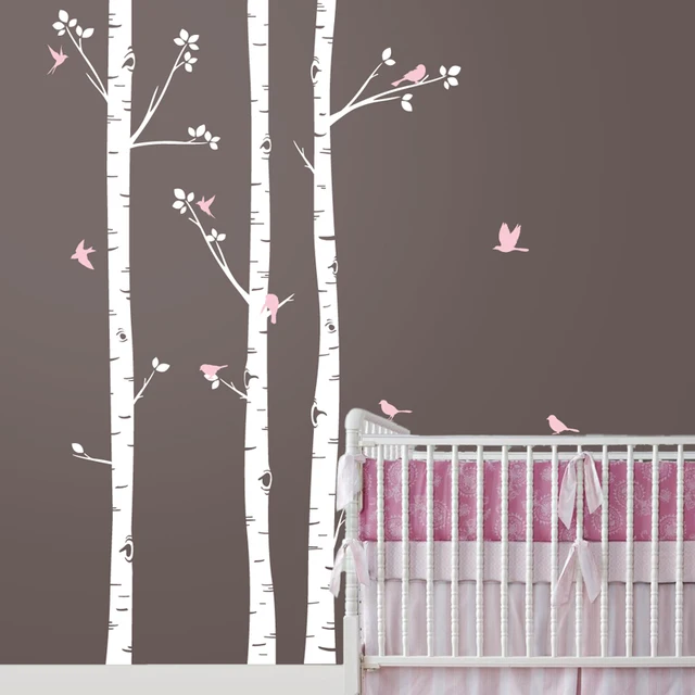 baby nursery wall stickers set of 3 birch trees with birds removable