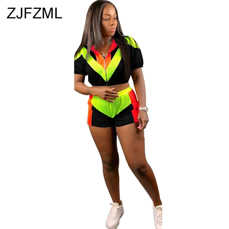 

Color Block Spliced Two Piece Sweat Suit Summer Clothes For Women Stand Collar Short Sleeve Crop Top+Bodycon Shorts Club Outfit