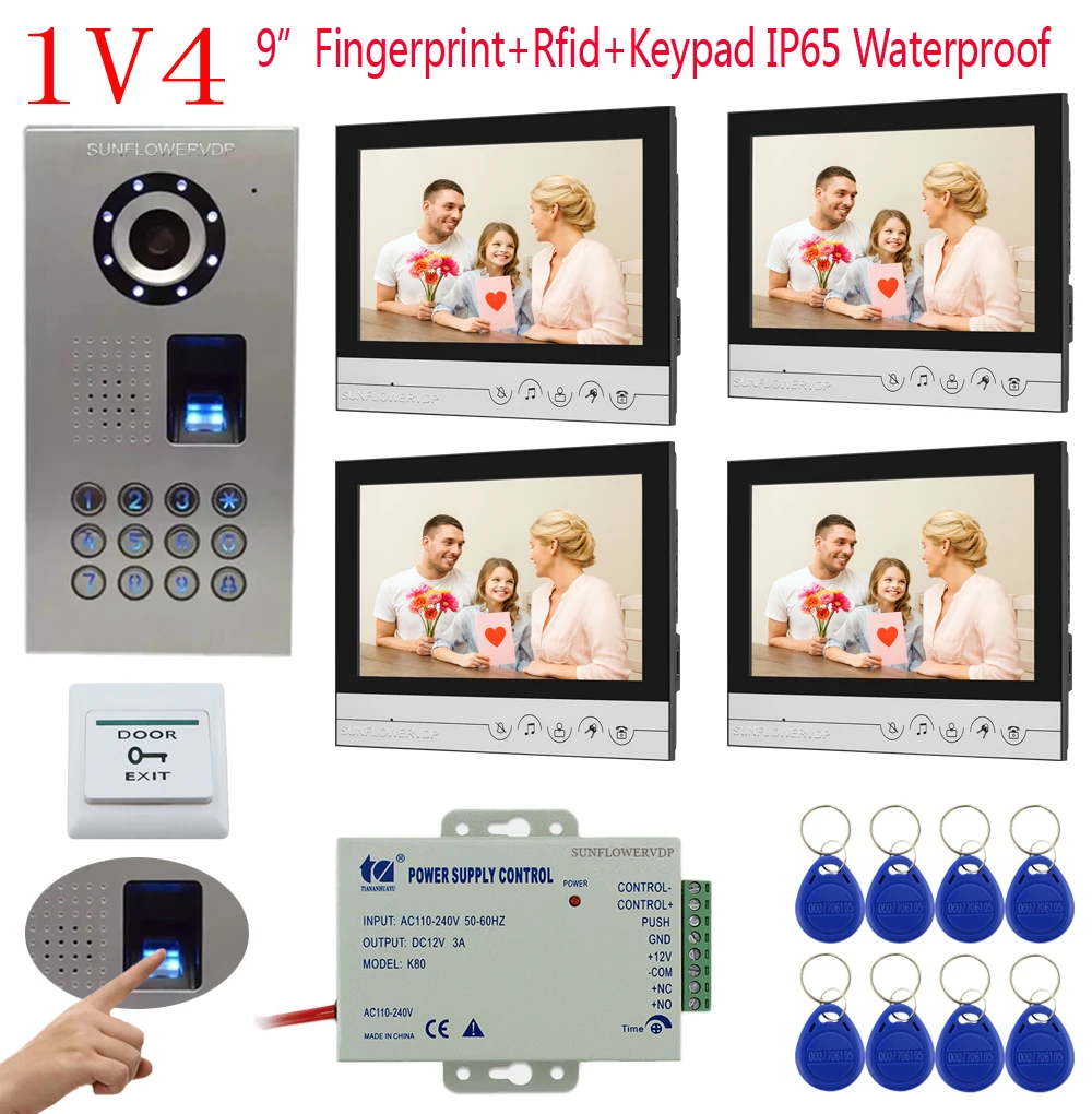 

1v4 IP65 Waterproof Fingerprint Keypad Electronic Doorman With Camera 4 Color 9" Lcds Video Intercom For The Apartment 4 Units