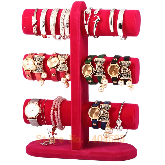3 Layer Rose Color Velvet Bracelet Holder Bangle Stand Watch 3 Layer Rose Color Velvet Bracelet Holder Bangle Stand Watch Display
