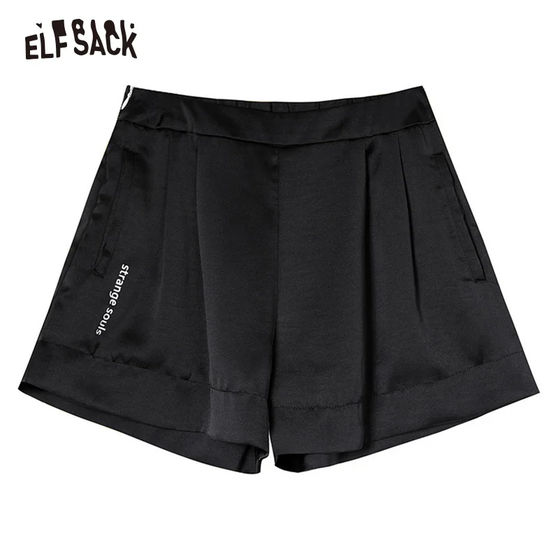 ELFSACK Solid Letter Print Women Casual Shorts Summer Fashion Hot Short Female Bottoms Gold Straight Mid Waist Shorts - Цвет: Black