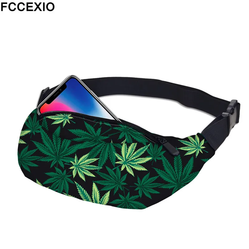 FCCEXIO Новый 3D Красочные поясная сумка для мужчин Fanny Pack Стиль бум зеленый сорняки женщин Деньги Пояс Путешествия мобильный телефон сумки