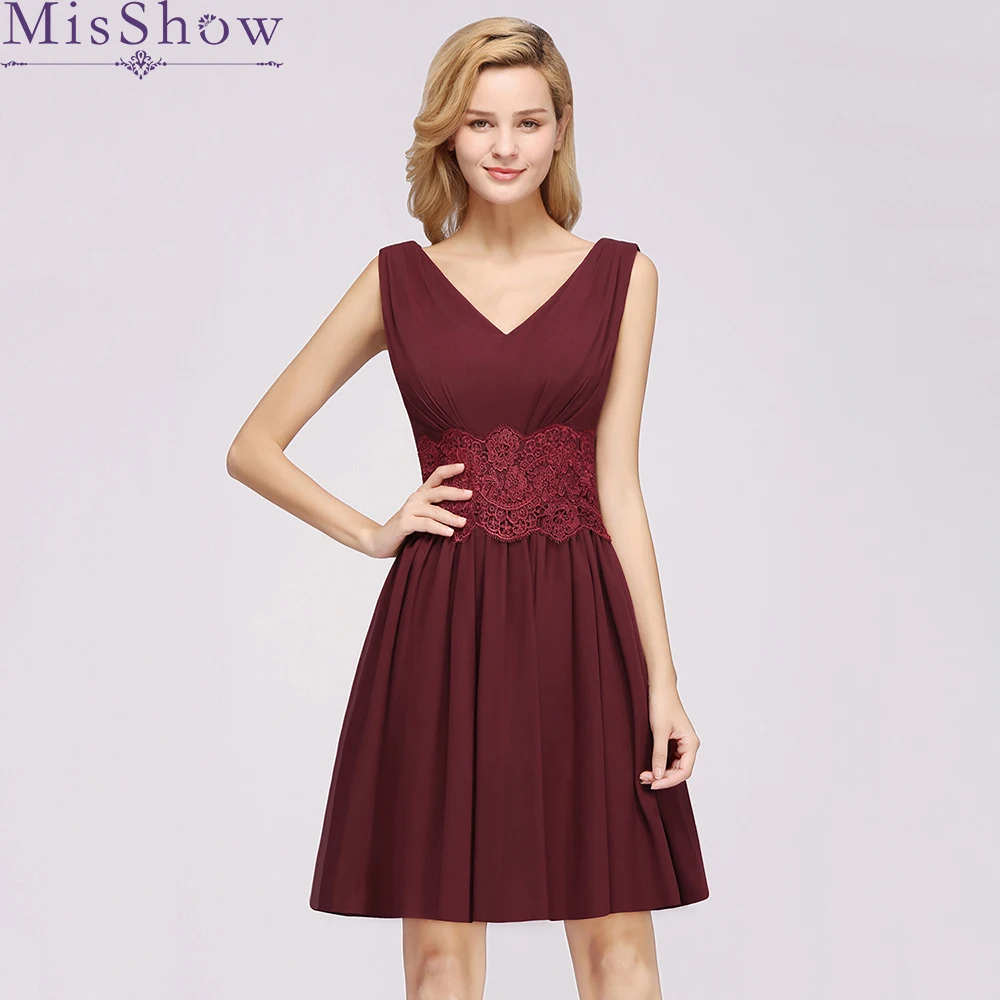 

Elegant Women 2019 Burgundy Chiffon Short Prom Dresses Lace V Neck Sleeveless Gown 34 colors Evening Dress vestidos