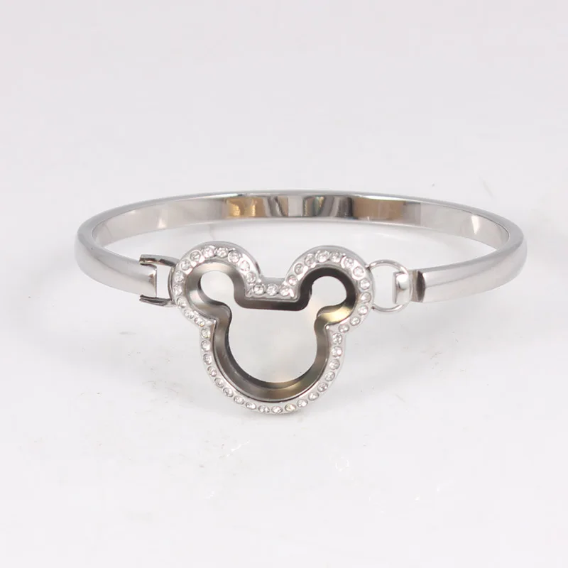 

Mouse Head Living Memory Locket Bracelet Bangle With Rhinestone Magnetic Floating Locket Bangles